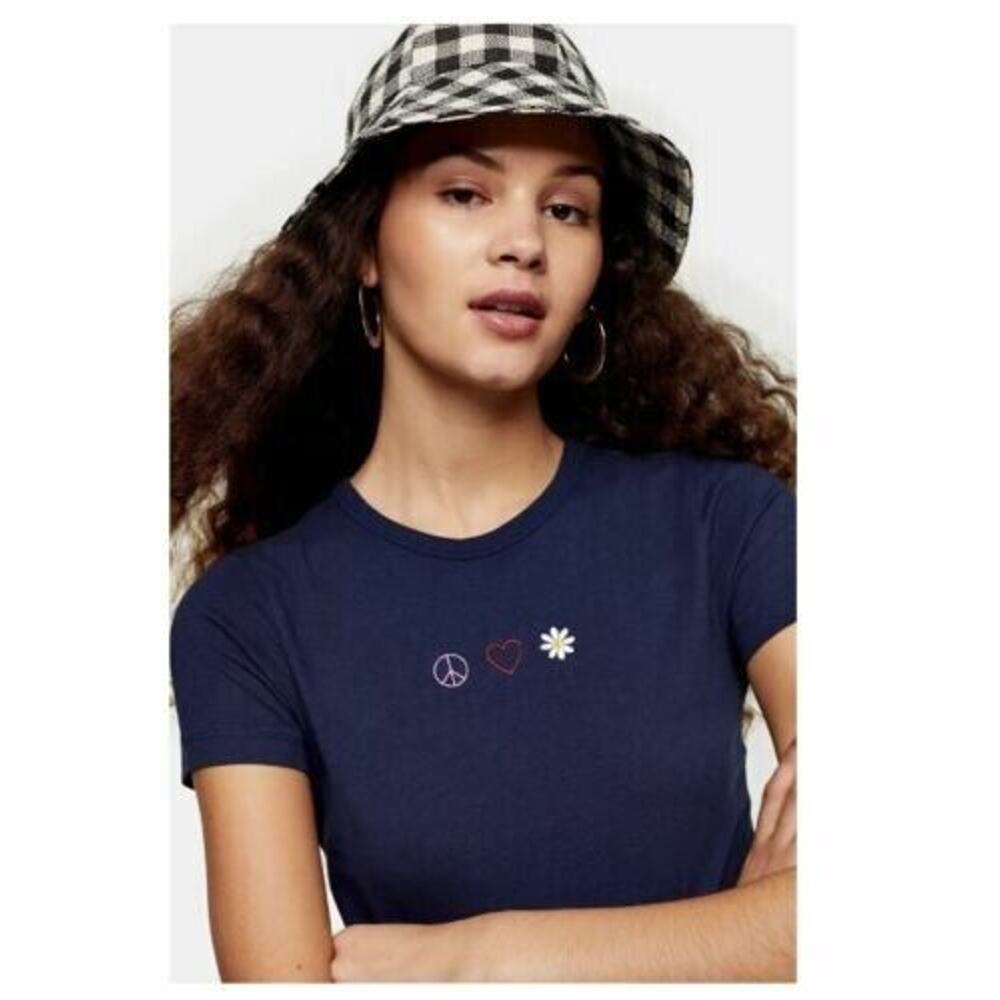 Topshop Women's Peace 70's Crew Short Sleeve T-Shirt Navy Size 6 MSRP $22